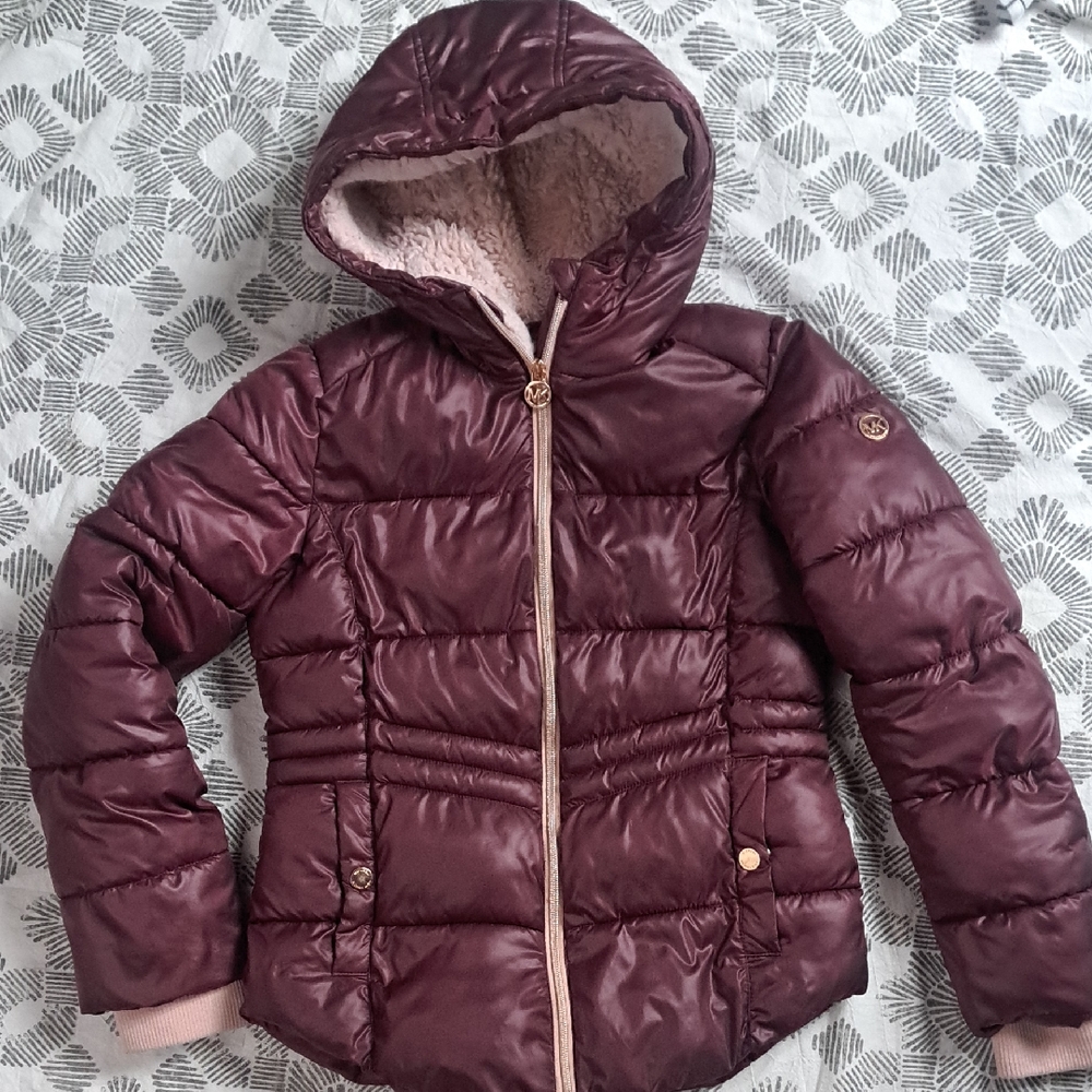 MK Girls Quilted Puffer Hooded Winter Jacket - Burgundy Pink Sz16